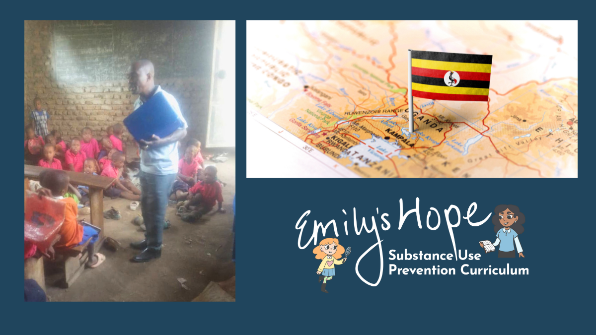 The Emily's Hope Substance Use Prevention Curriculum being taught in Uganda, a flag of Uganda on a map of Africa and the Emily's Hope logo